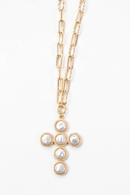  Indie Pearl Flat Beaded Cross Necklace, Gold
