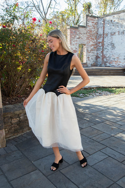  Joyce Low Waist Midi Dress, Black/Ivory