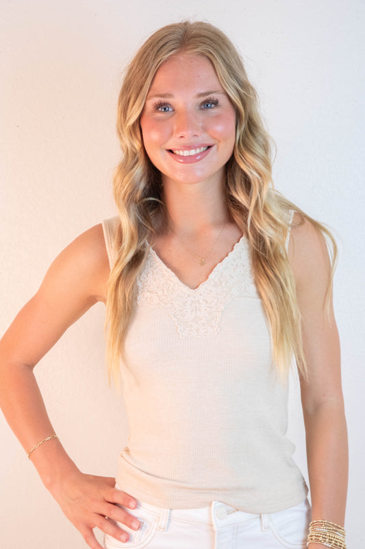  Felicity Lace Trim Ribbed Tank, Taupe Melange