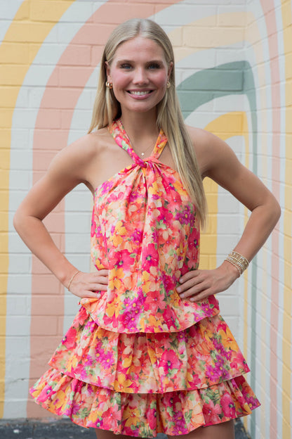  Lilah Ruffle Tiered Skirt, Coral Multi