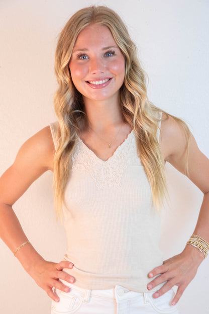  Felicity Lace Trim Ribbed Tank, Taupe Melange
