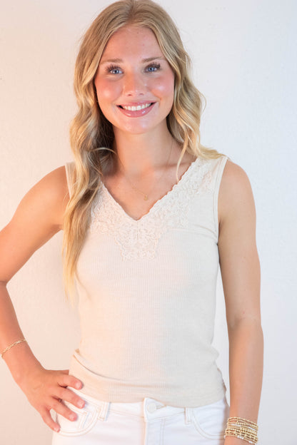  Felicity Lace Trim Ribbed Tank, Taupe Melange