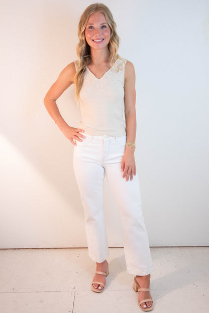  Felicity Lace Trim Ribbed Tank, Taupe Melange