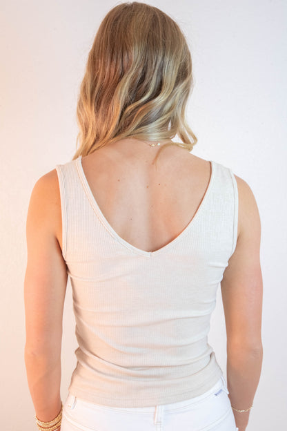  Felicity Lace Trim Ribbed Tank, Taupe Melange