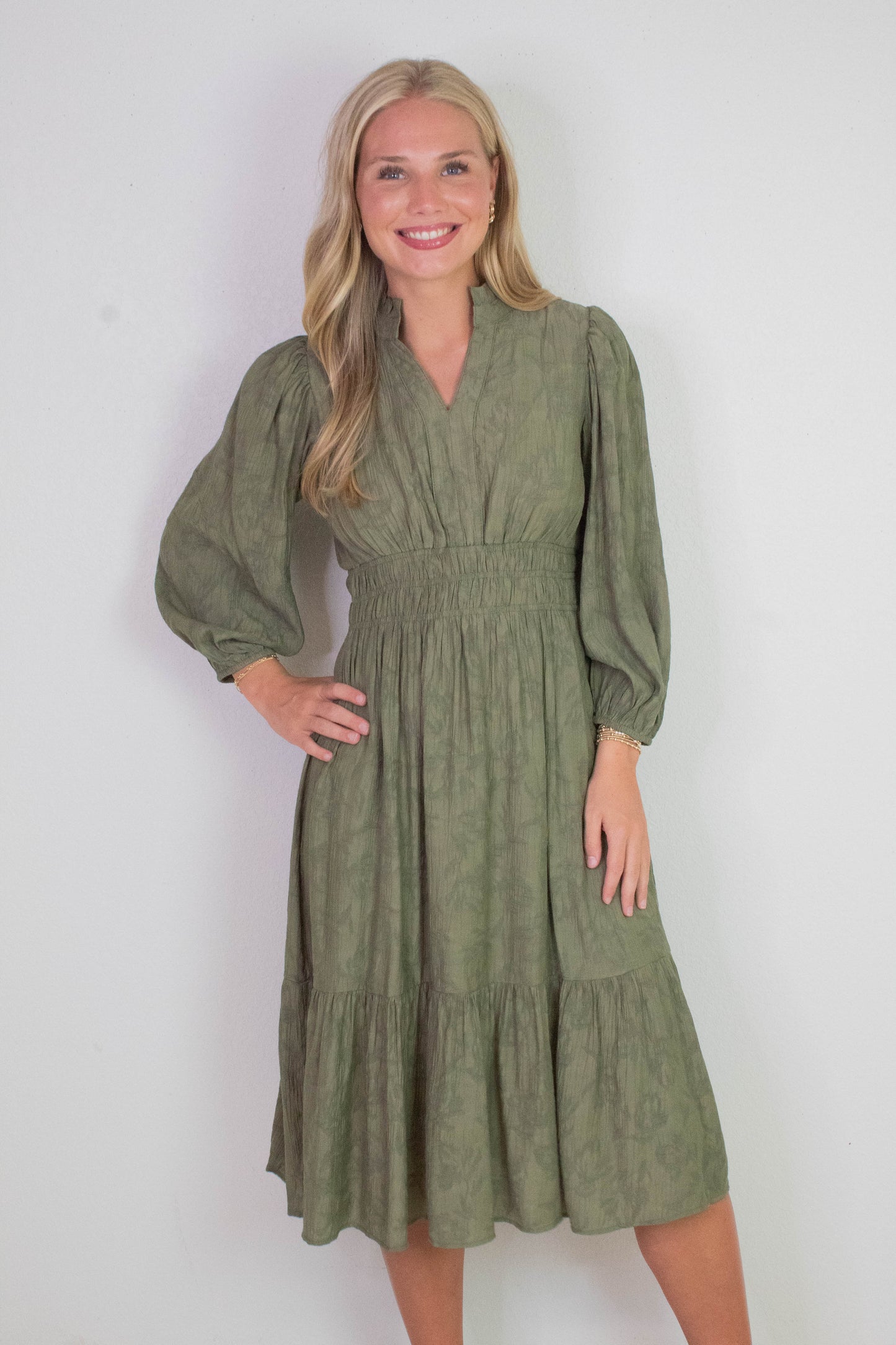  Grace Jacquard Midi Dress, Olive