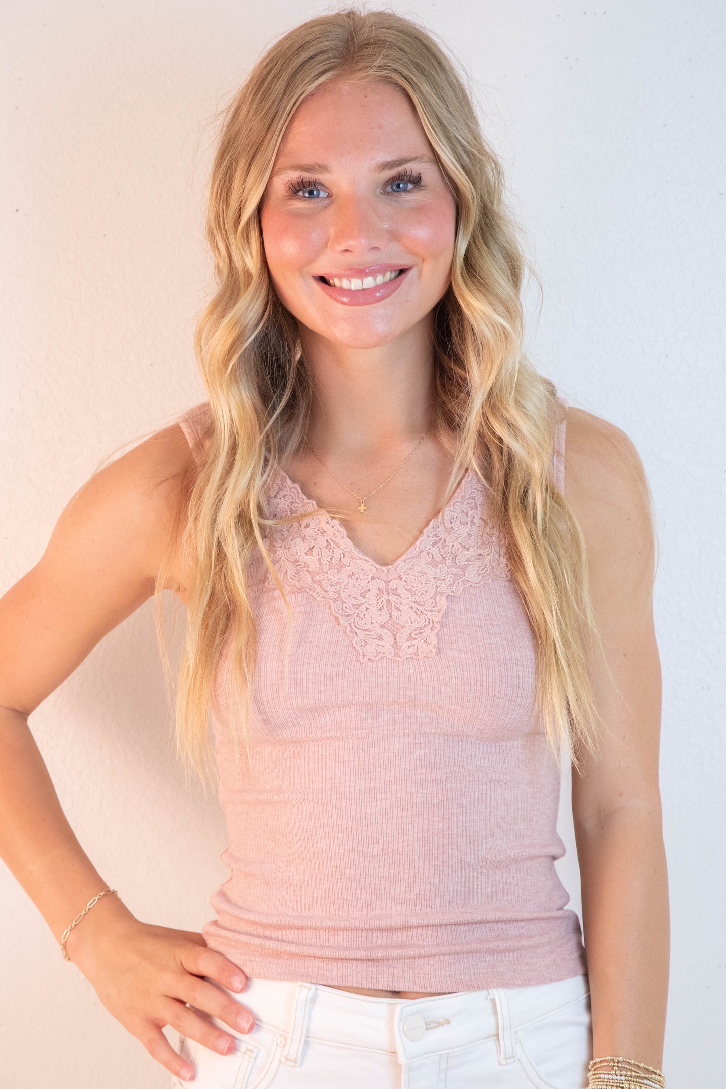  Felicity Lace Trim Ribbed Tank, Dusty Mauve Melange
