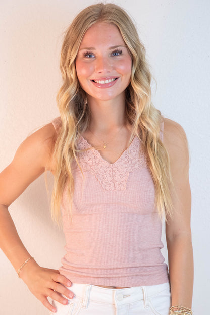  Felicity Lace Trim Ribbed Tank, Dusty Mauve Melange