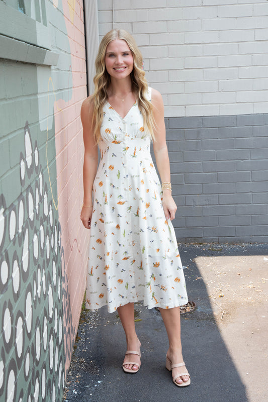  Melina Beach Print Midi Dress, Cream Multi