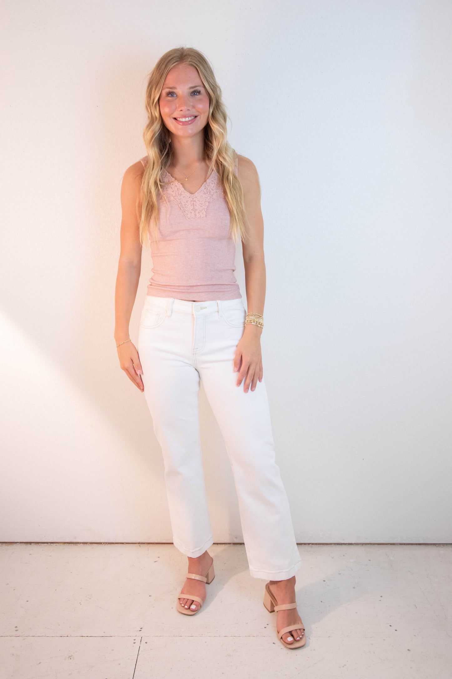  Felicity Lace Trim Ribbed Tank, Dusty Mauve Melange