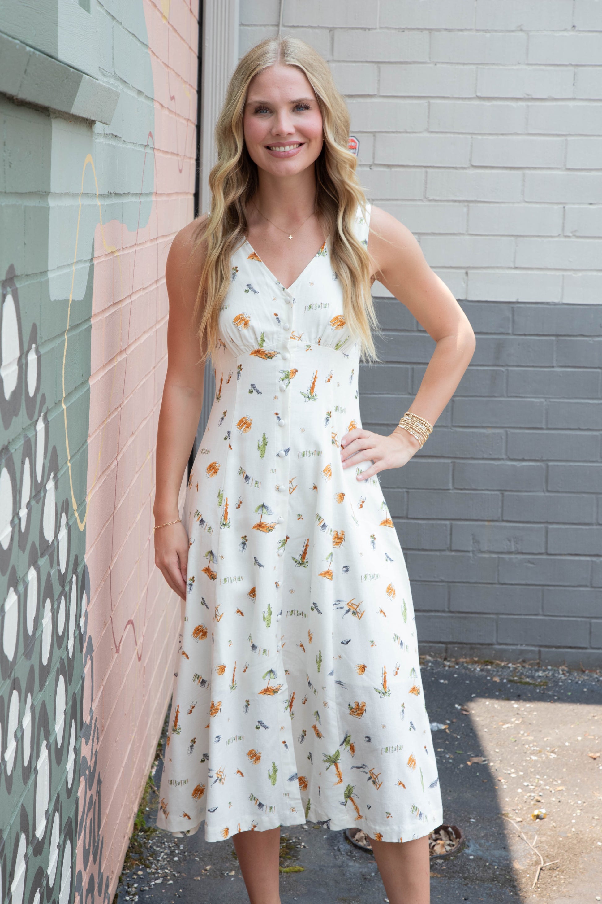  Melina Beach Print Midi Dress, Cream Multi