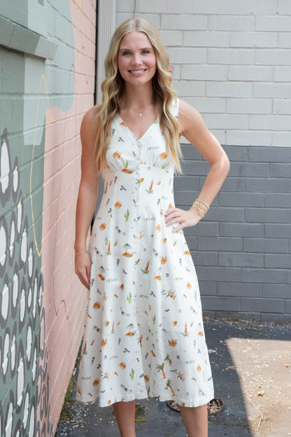  Melina Beach Print Midi Dress, Cream Multi