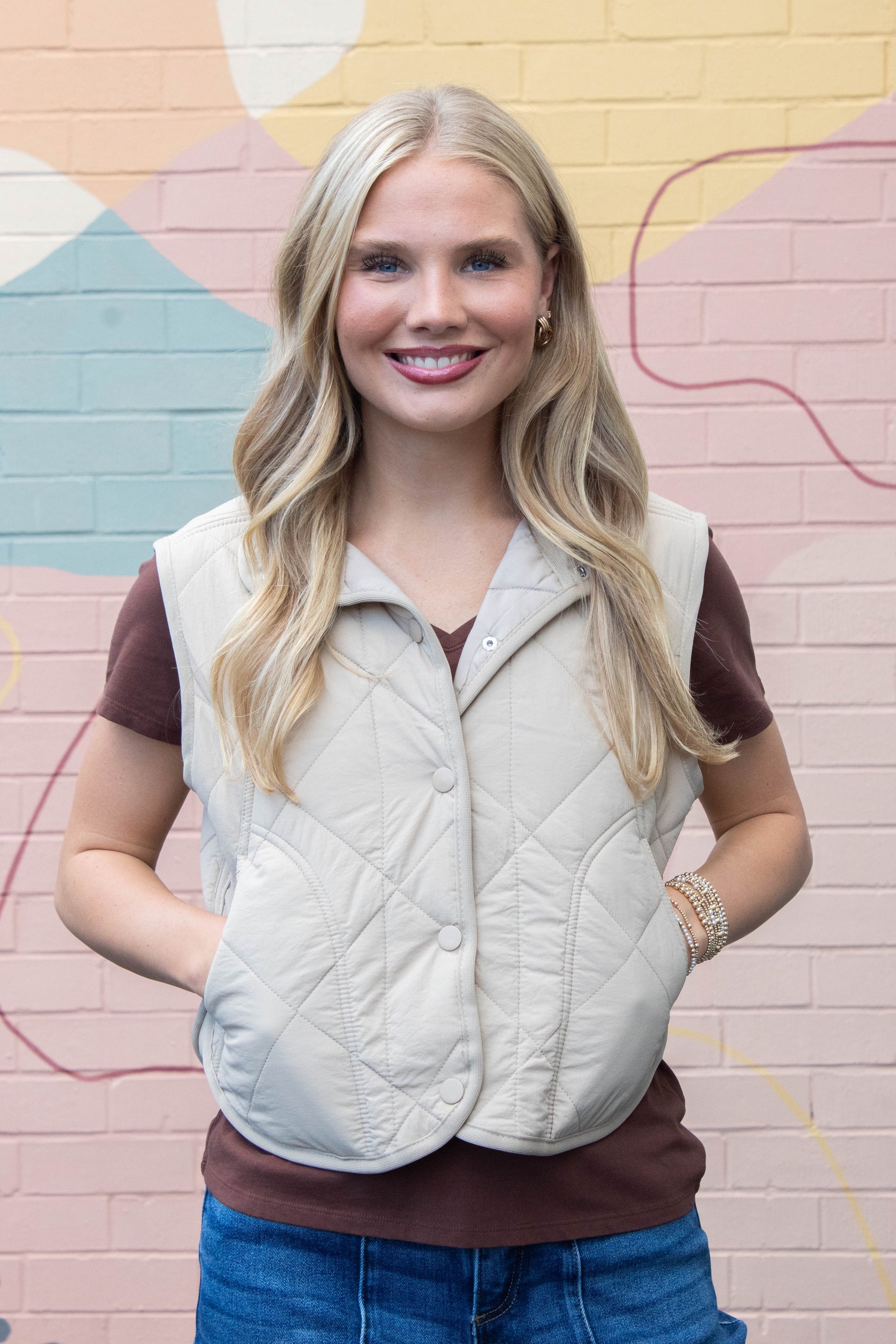  Sara Snap Button Quilted Vest, Khaki