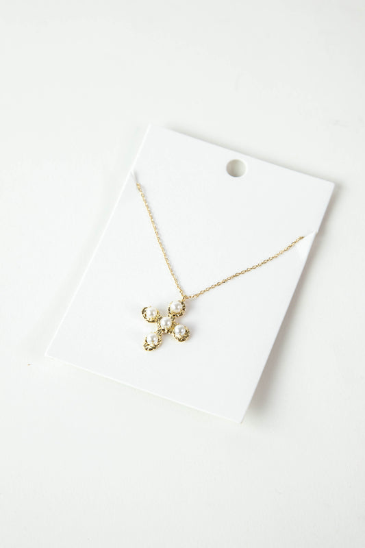  Textured Cross & Pearl Pendant Necklace, Cream/Gold