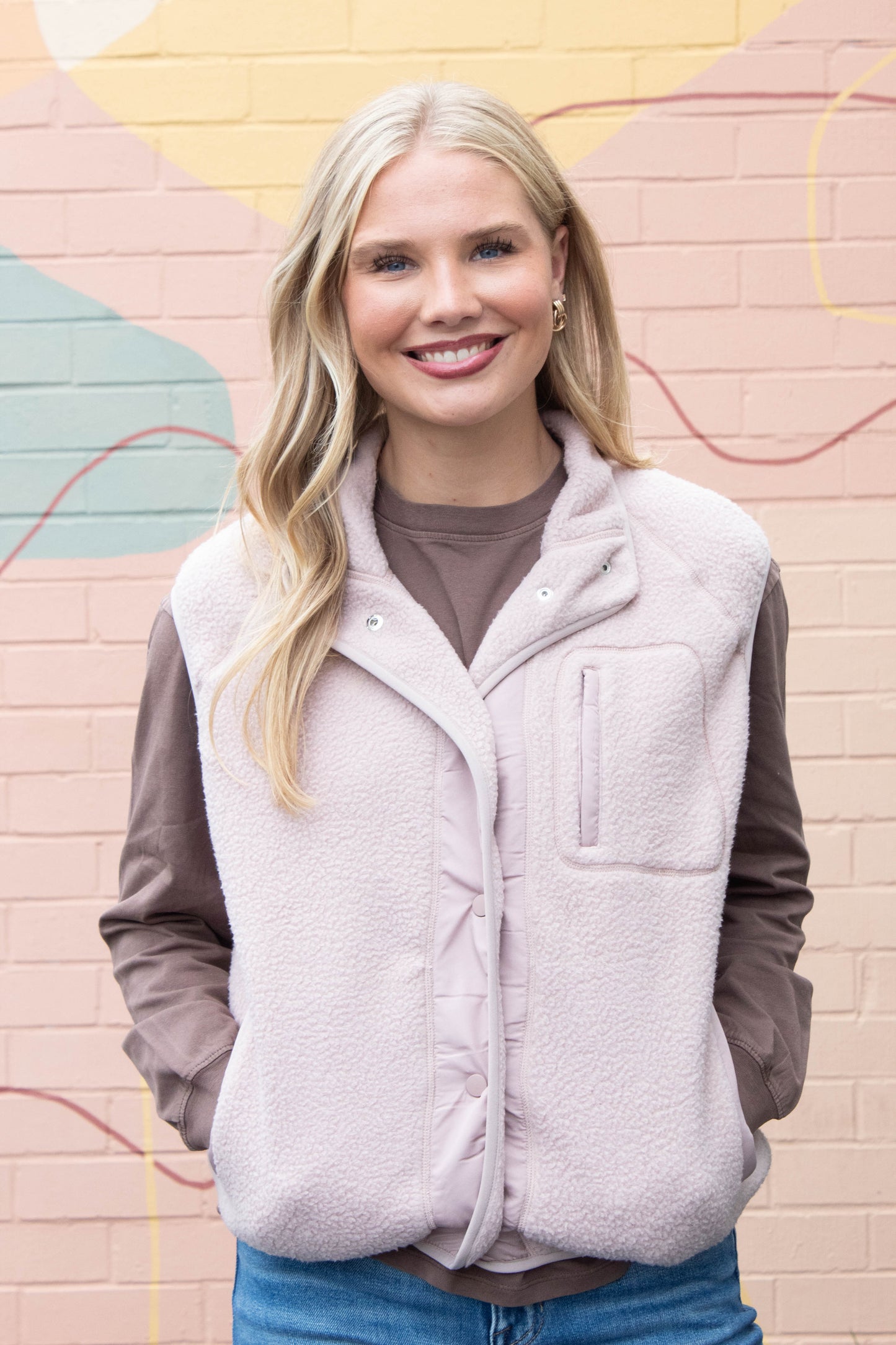 Be Cool Elena Fleece Button Up Vest, Blush