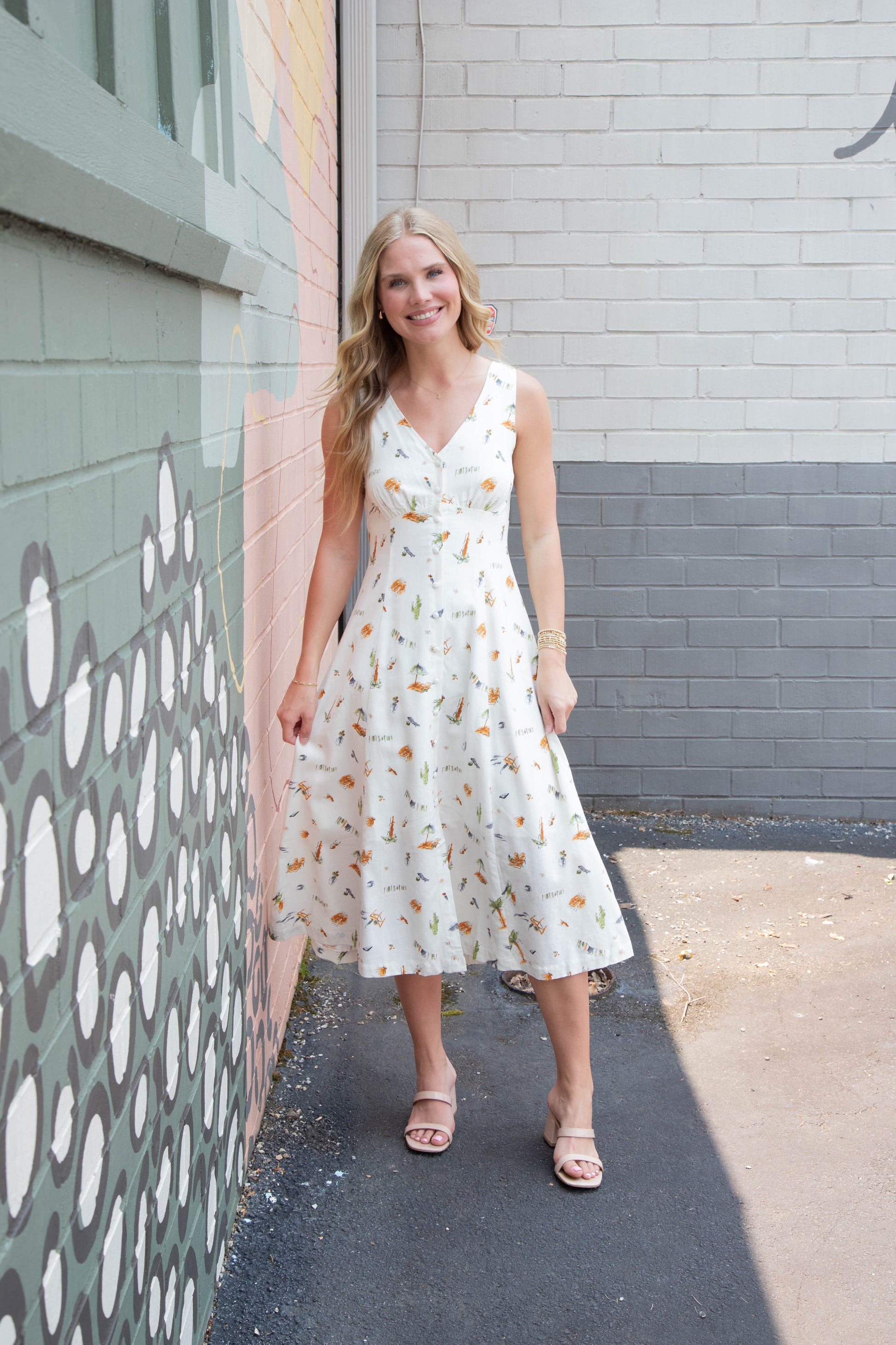  Melina Beach Print Midi Dress, Cream Multi