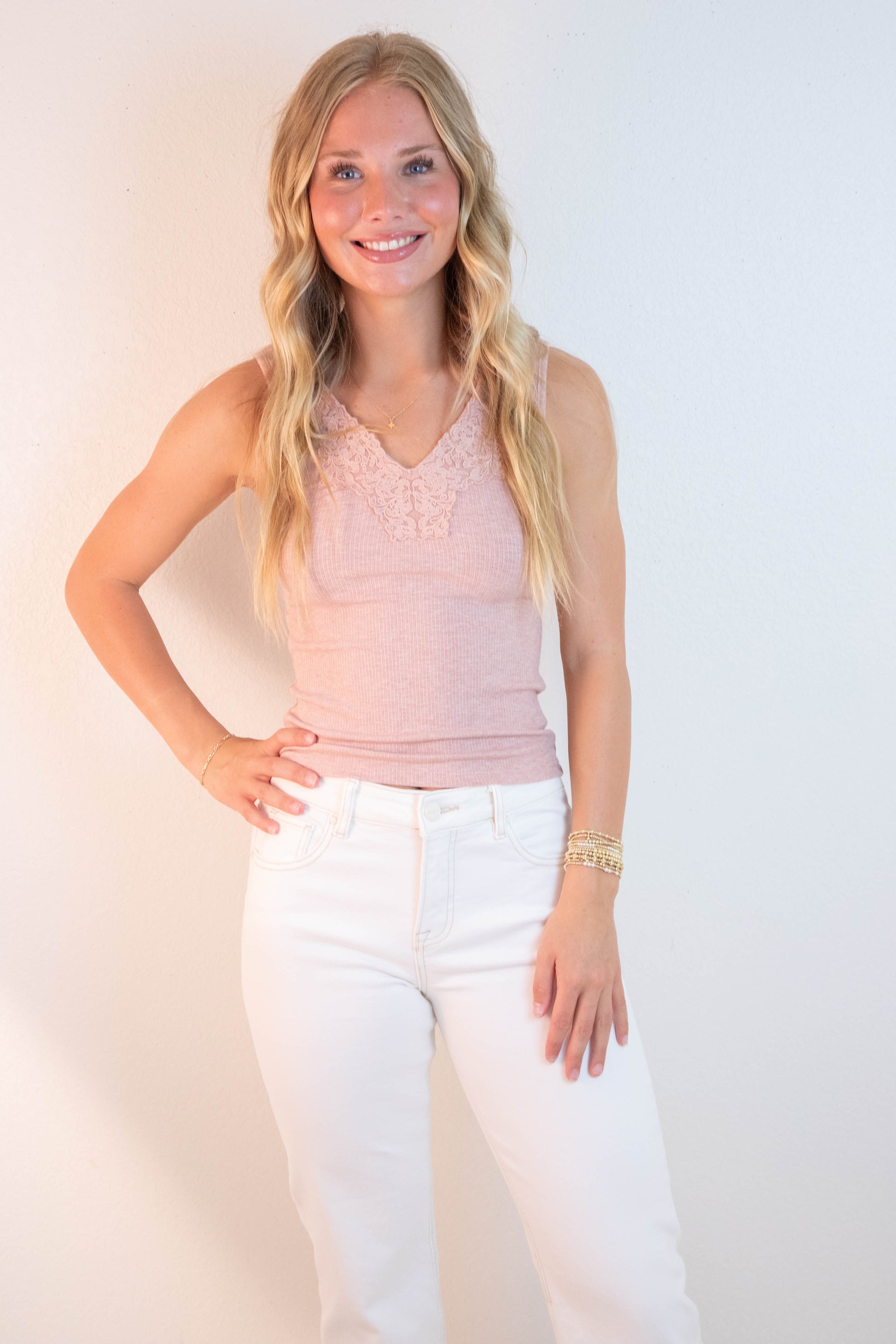  Felicity Lace Trim Ribbed Tank, Dusty Mauve Melange