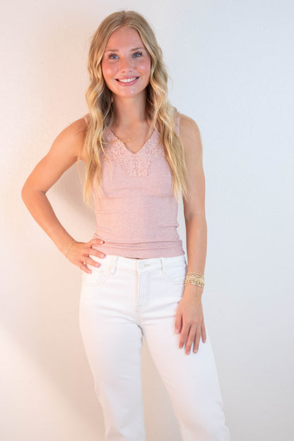  Felicity Lace Trim Ribbed Tank, Dusty Mauve Melange