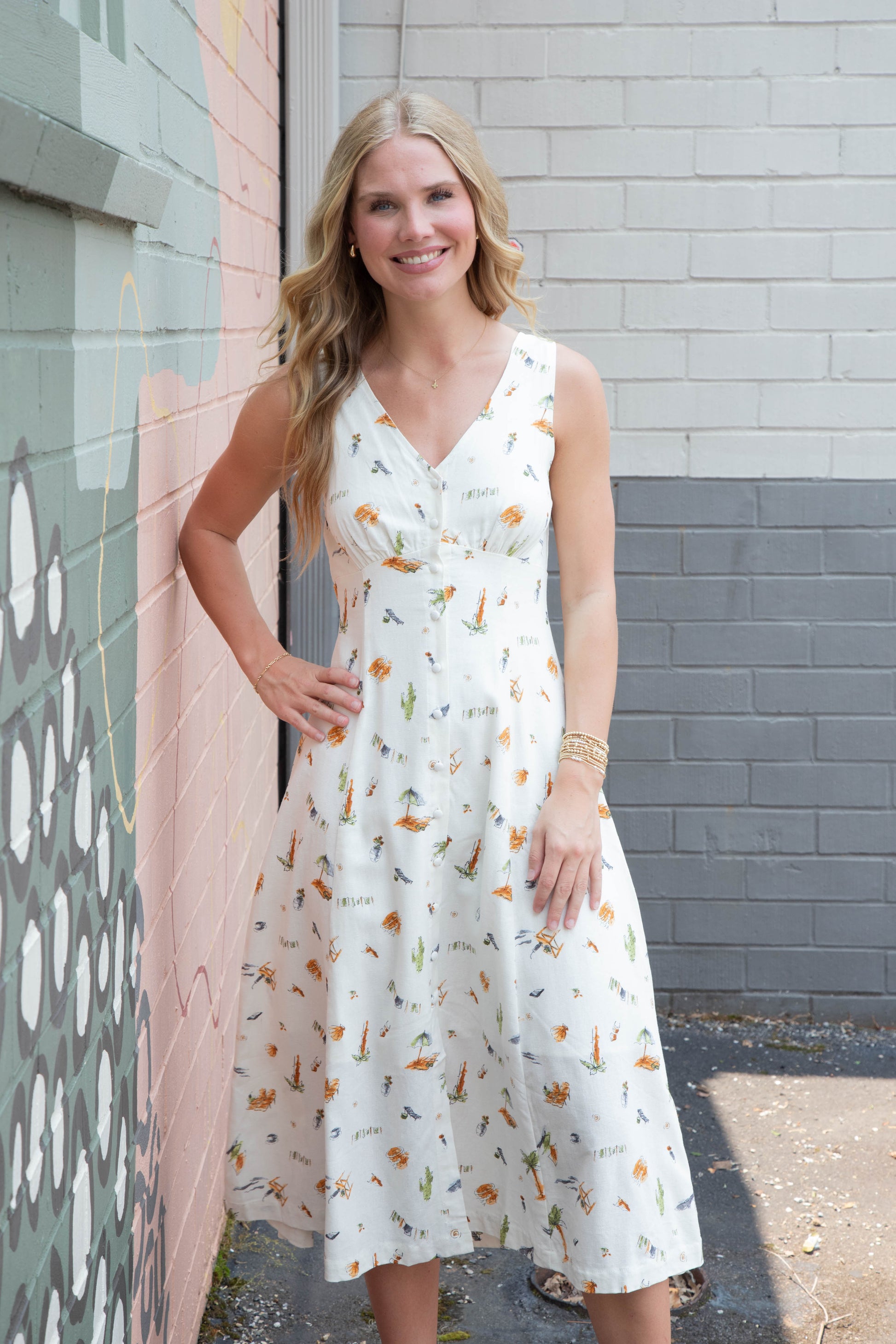  Melina Beach Print Midi Dress, Cream Multi