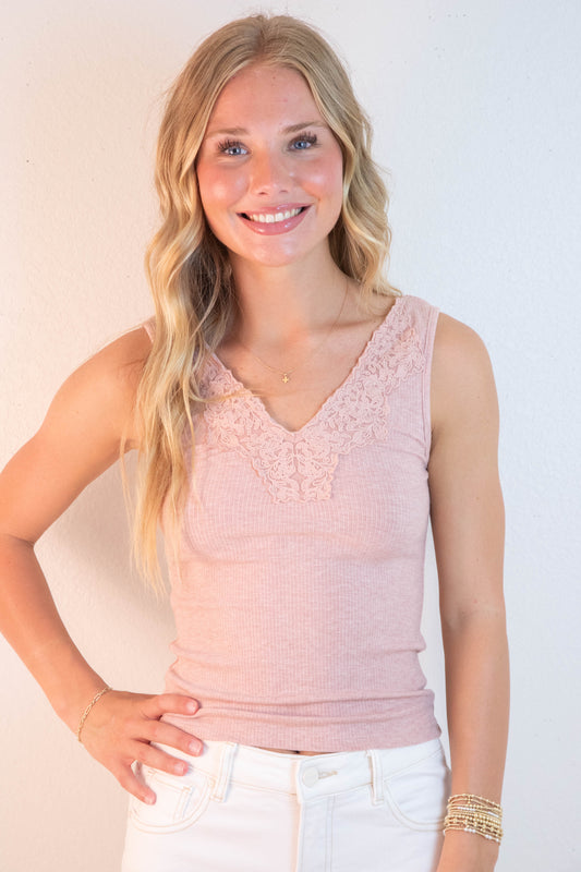  Felicity Lace Trim Ribbed Tank, Dusty Mauve Melange