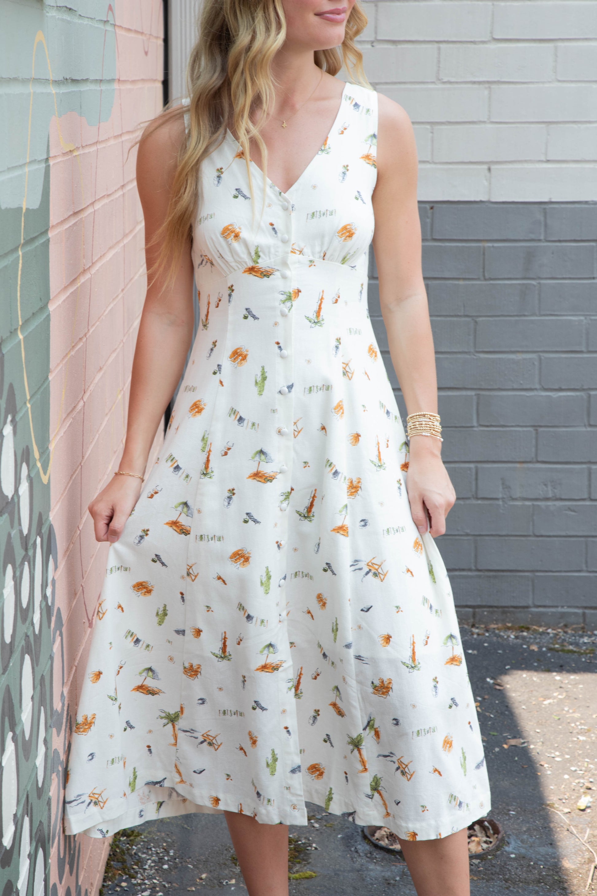  Melina Beach Print Midi Dress, Cream Multi