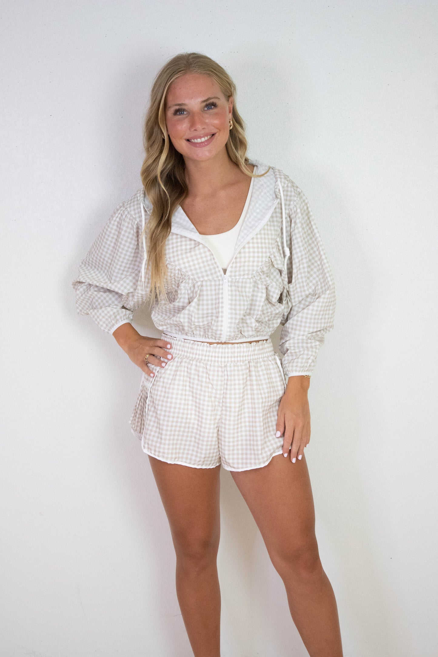  Marin Lightweight Gingham Print Jacket, Beige Gingham
