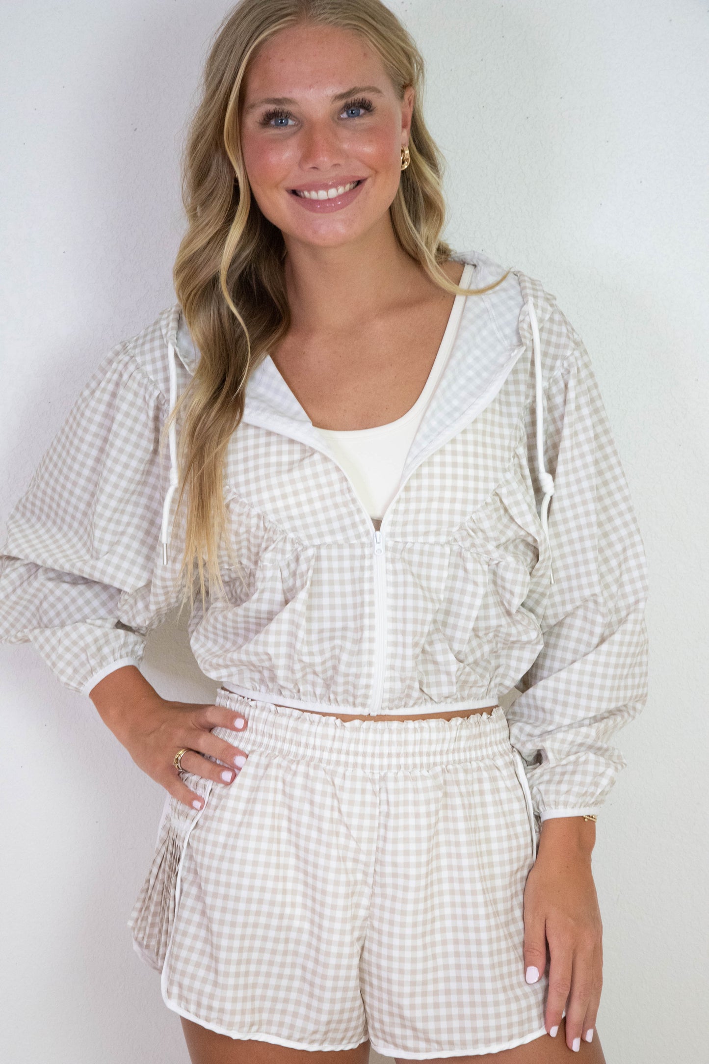  Marin Lightweight Gingham Print Jacket, Beige Gingham
