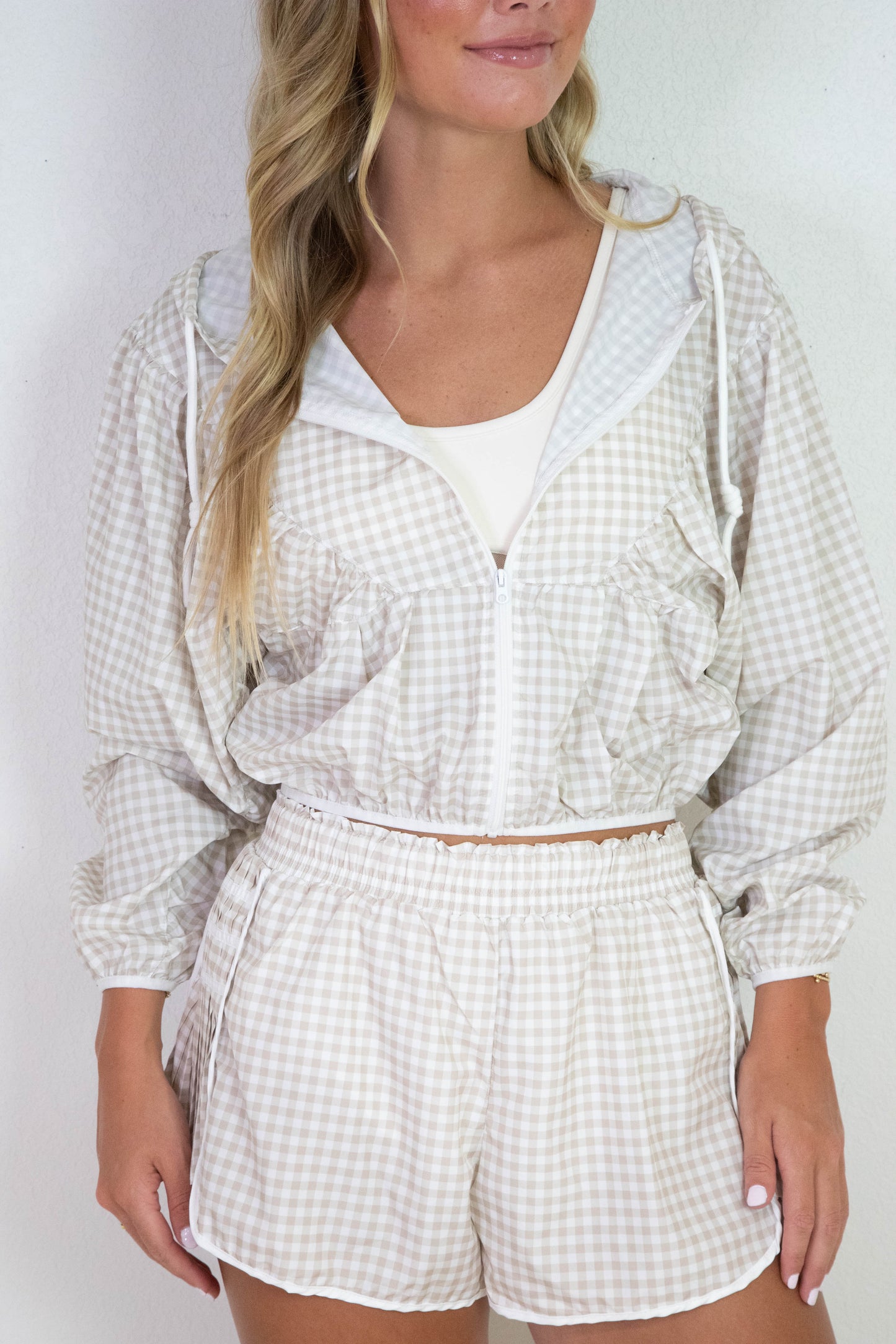  Marin Lightweight Gingham Print Jacket, Beige Gingham