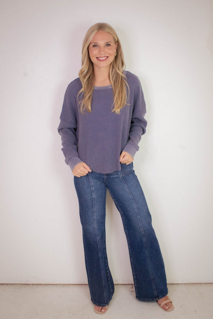  Marlowe Boat Neck Raw Edge Top, Dusty Indigo