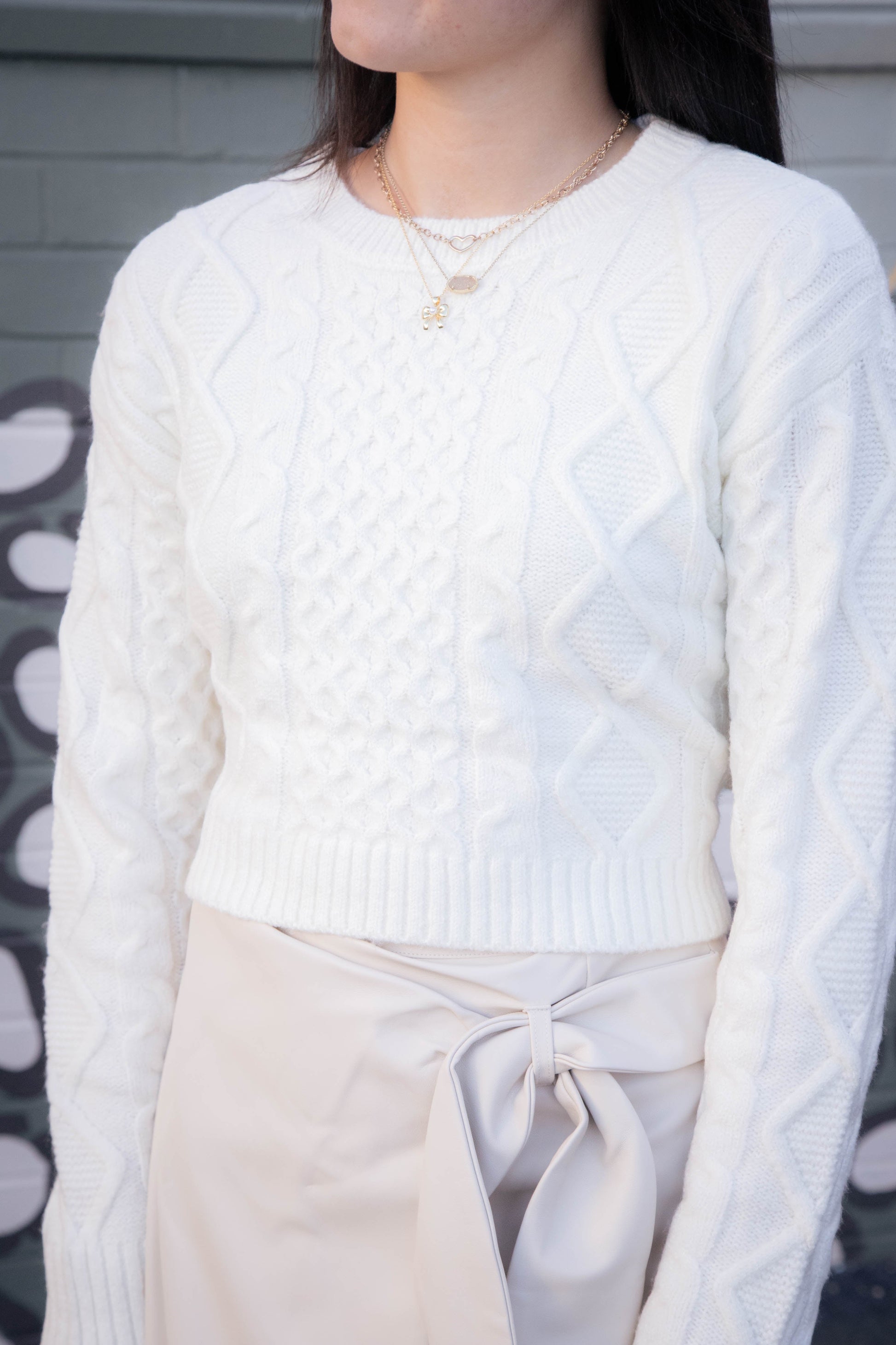 Kessie Cable Knit Sweater, Whisper White | Steve Madden