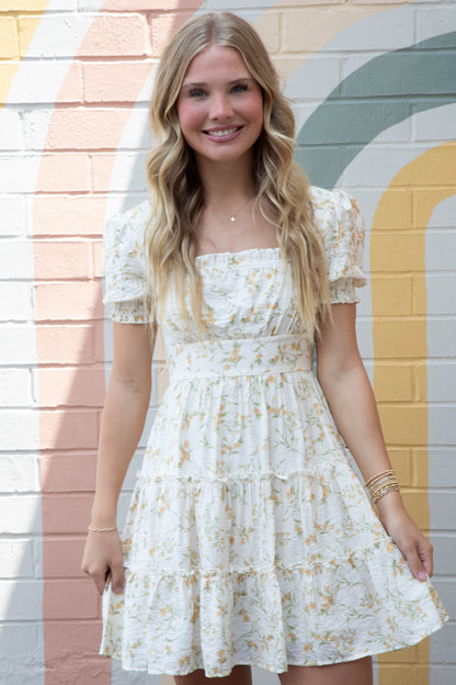  Delilah Floral Square Neck Dress, Ivory Multi