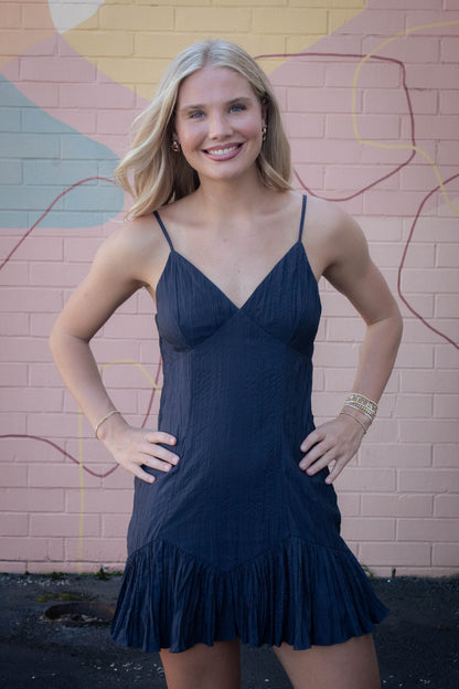  Billie Crinkled Fabric Mini Dress, Navy Blue