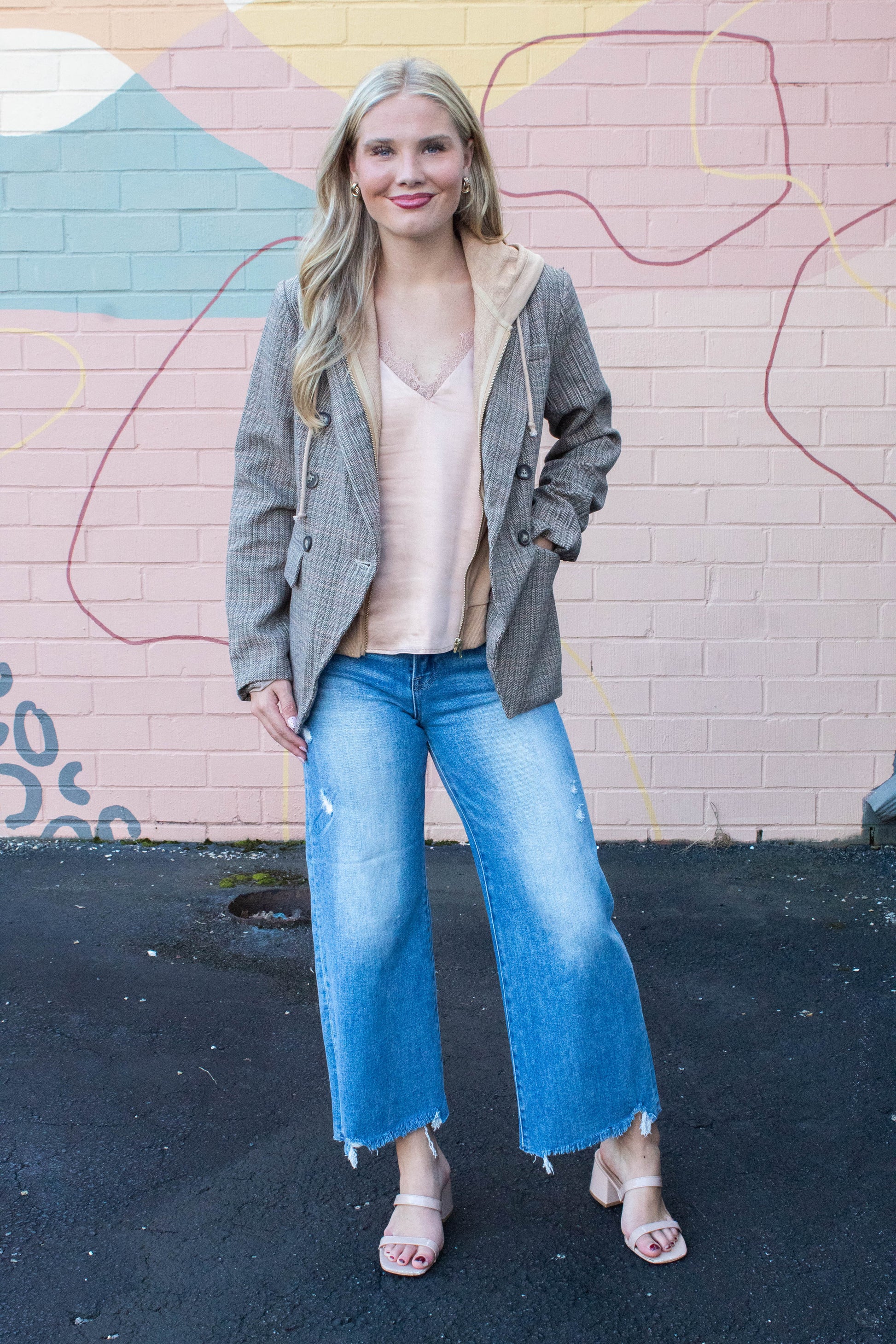  Jovie Herringbone Pattern Hooded Blazer, Tan Combo