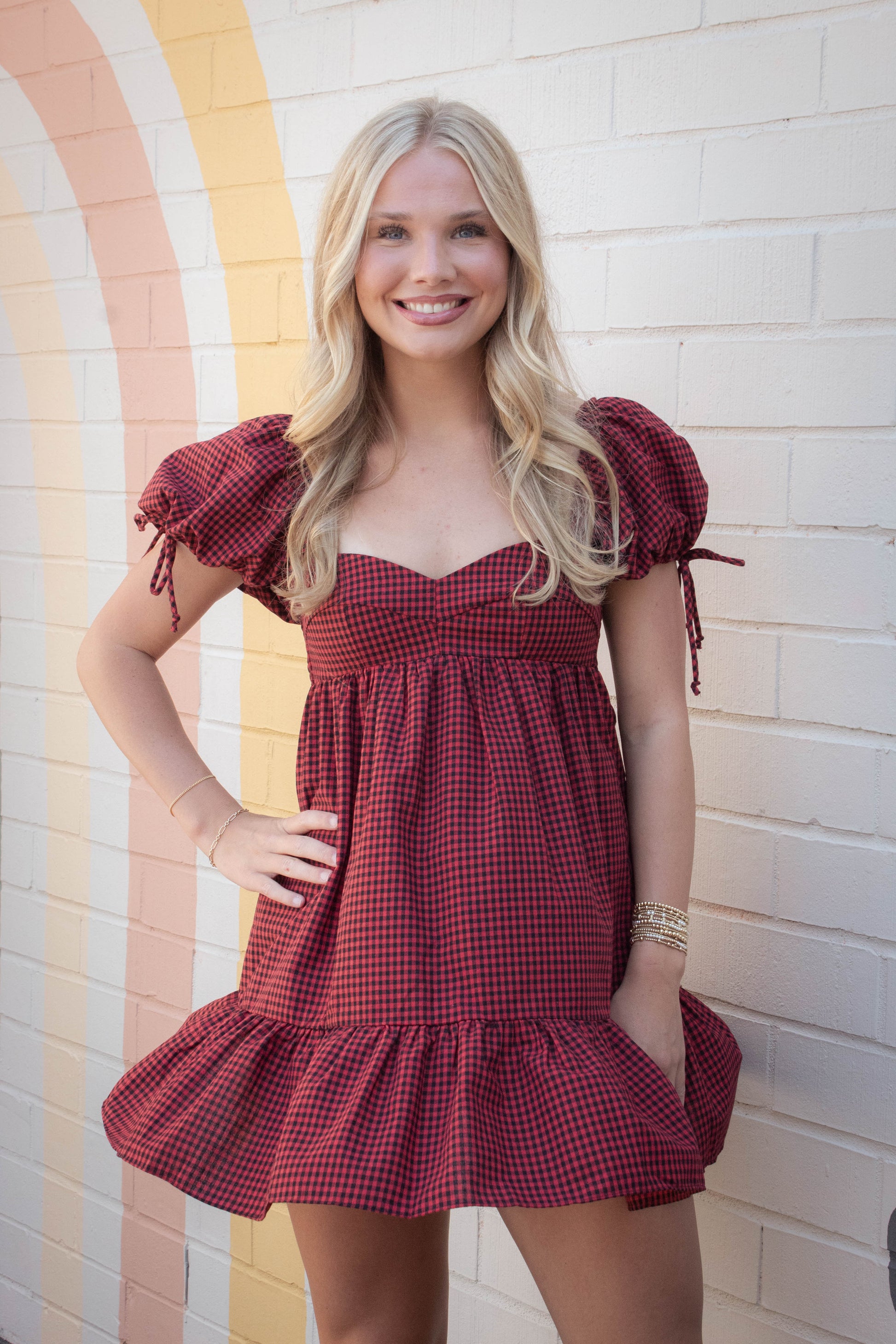  Francine Sweetheart Neck Checkered Dress, Black Red