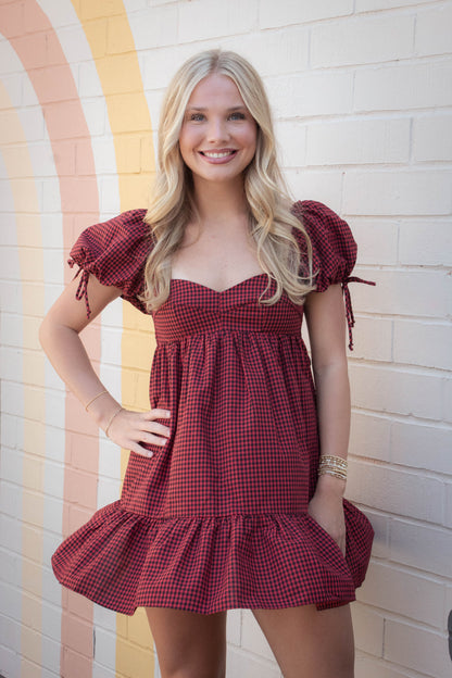  Francine Sweetheart Neck Checkered Dress, Black Red