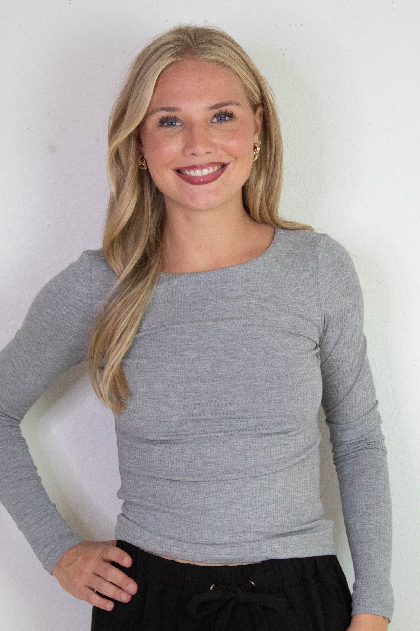  Elowyn Double Layer Rib Knit Tee, Heather Grey