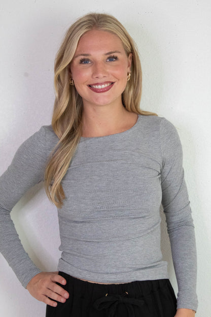  Elowyn Double Layer Rib Knit Tee, Heather Grey
