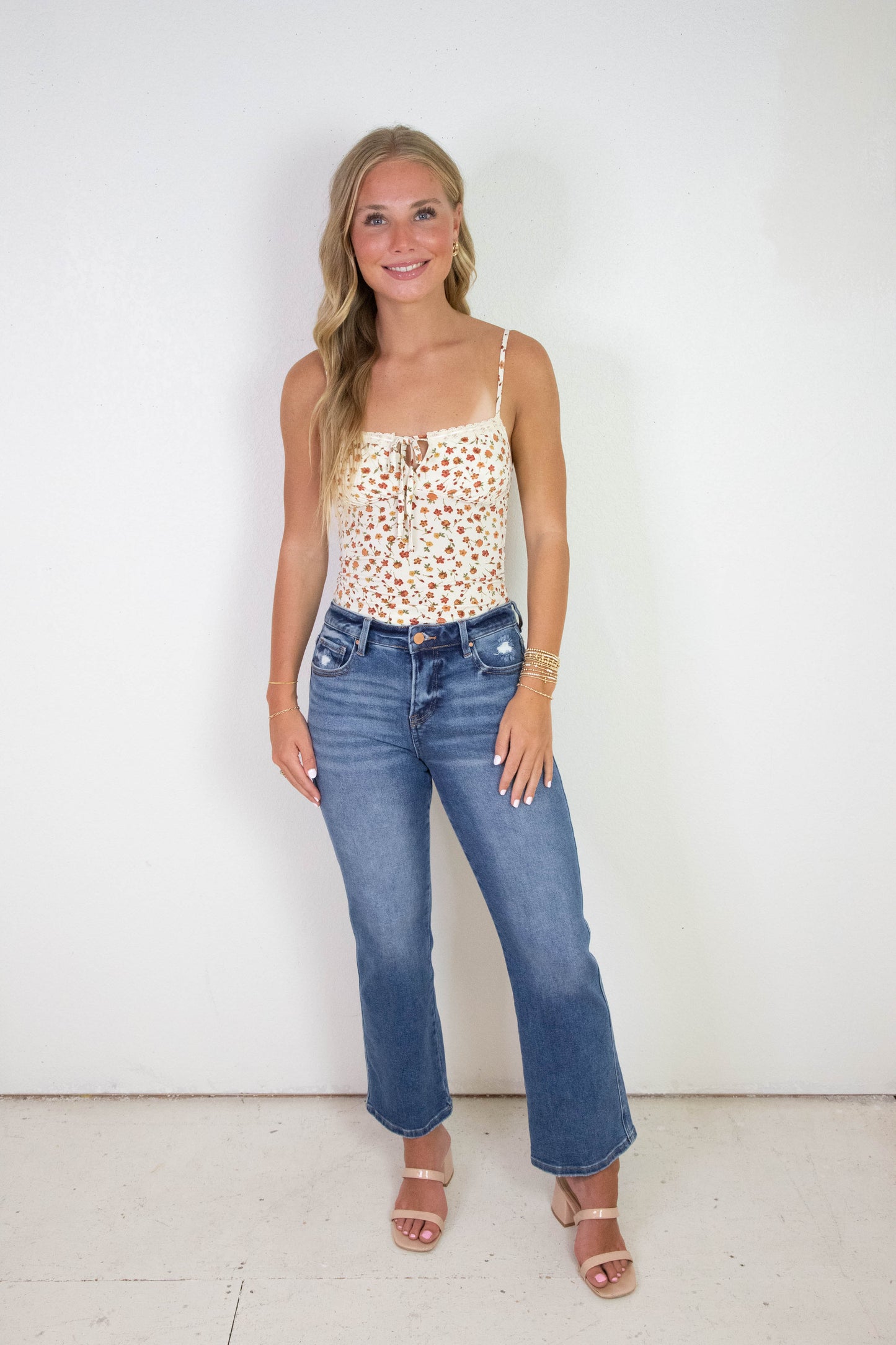  Emily Floral Front Tie Cutout Cami, Cream Multi