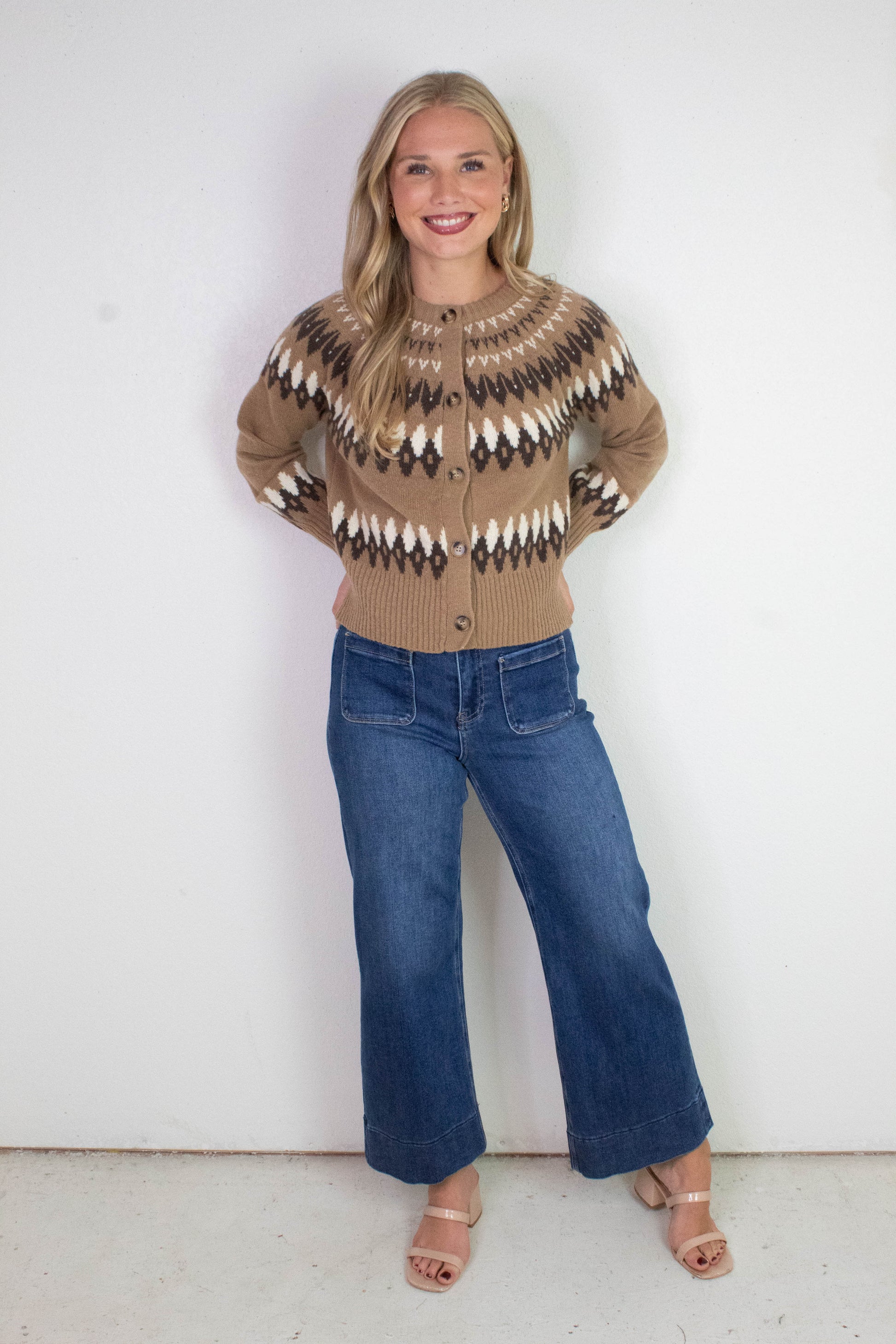  Luna Multicolor Fair Isle Cardigan, Khaki Multi