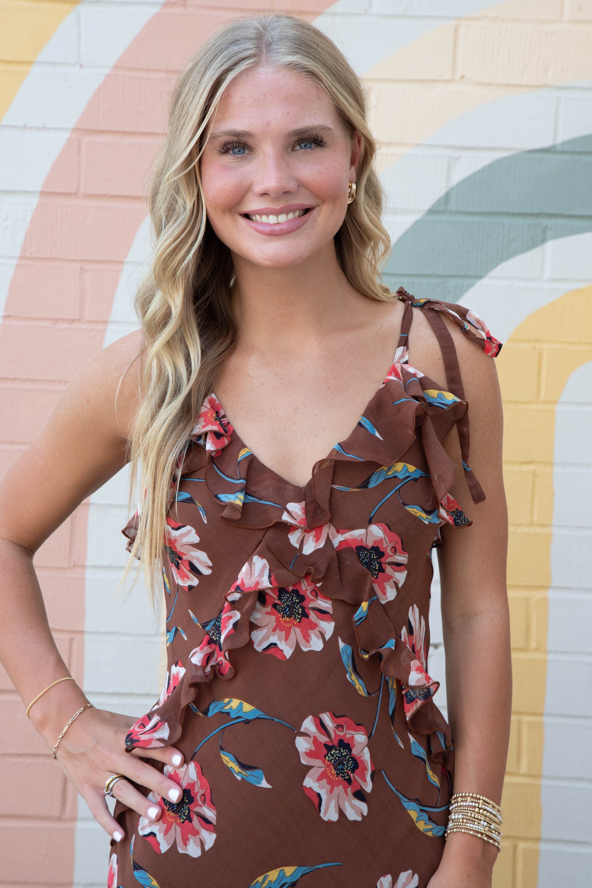  Adalina Floral Ruffled Maxi Dress, Brown | Steve Madden