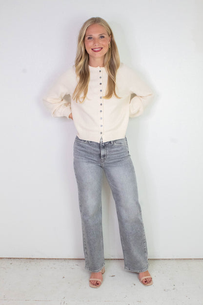 Juliette Rolled Edge Balloon Sleeve Cardigan, Cream