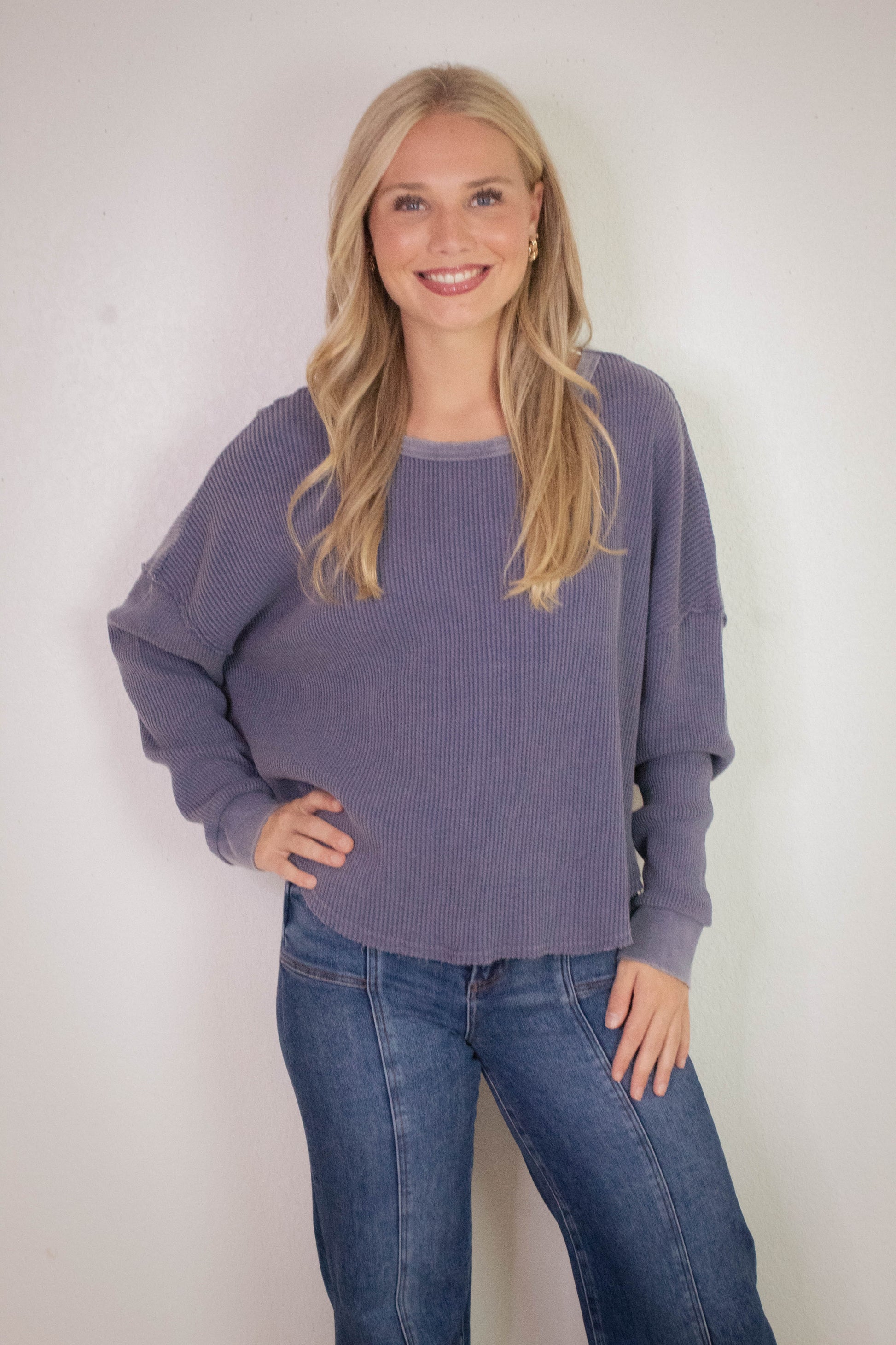  Marlowe Boat Neck Raw Edge Top, Dusty Indigo