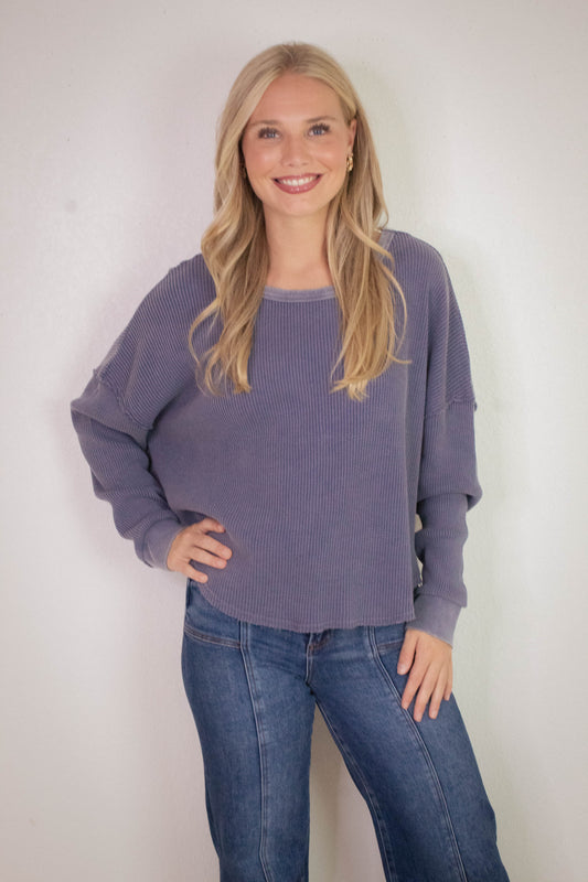  Marlowe Boat Neck Raw Edge Top, Dusty Indigo