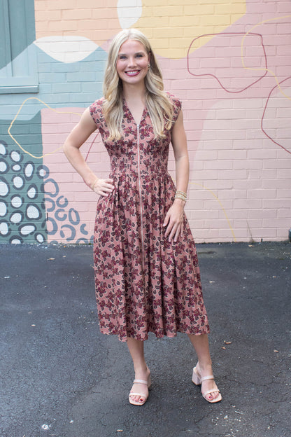  Molly Printed Front Zip Dress, Dusty Rose/Wine