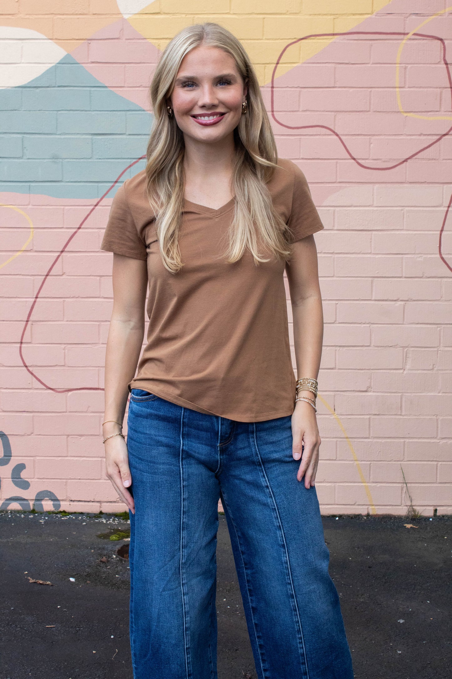 Be Cool Tatum Cotton Jersey V-Neck Tee, Bronze Brown