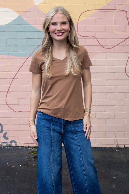 Be Cool Tatum Cotton Jersey V-Neck Tee, Bronze Brown