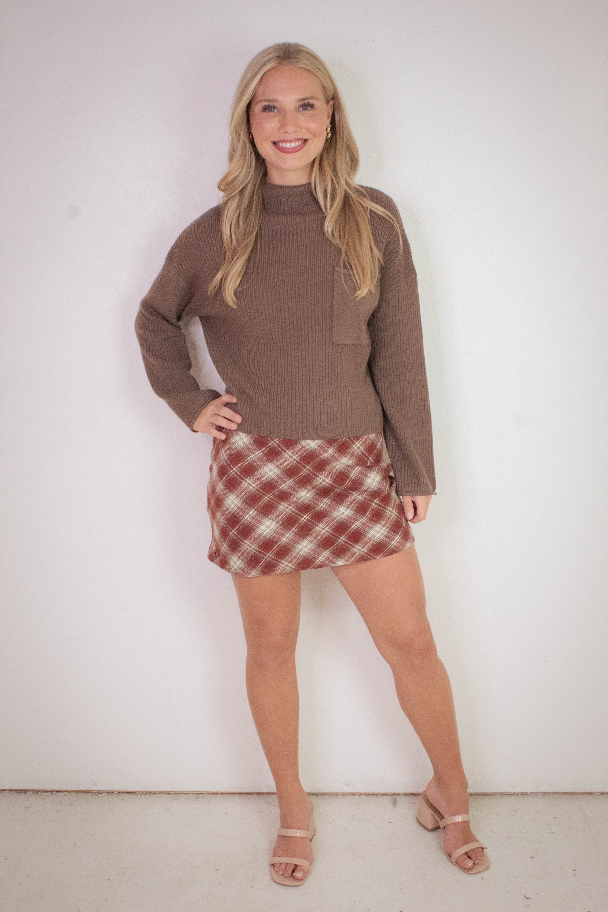  Cleo Mock Neck Chest Pocket Sweater, Mocha