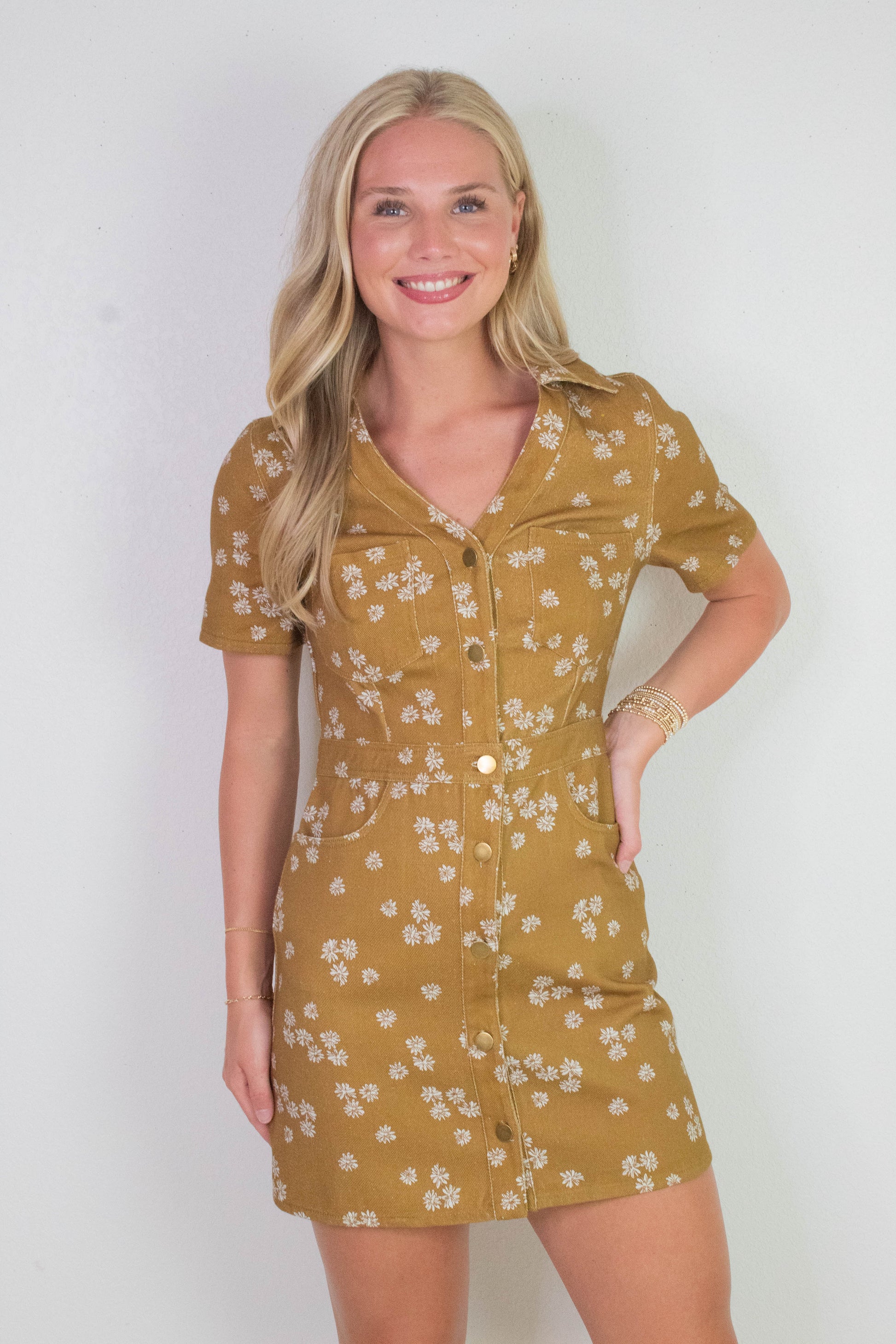  Susannah Collared Shirt Dress, Dark Mustard/Ivory Floral