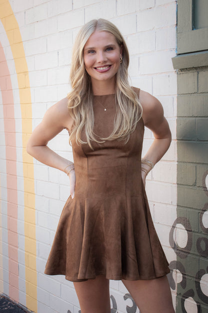  Indi Faux Suede Flare Dress, Camel Brown
