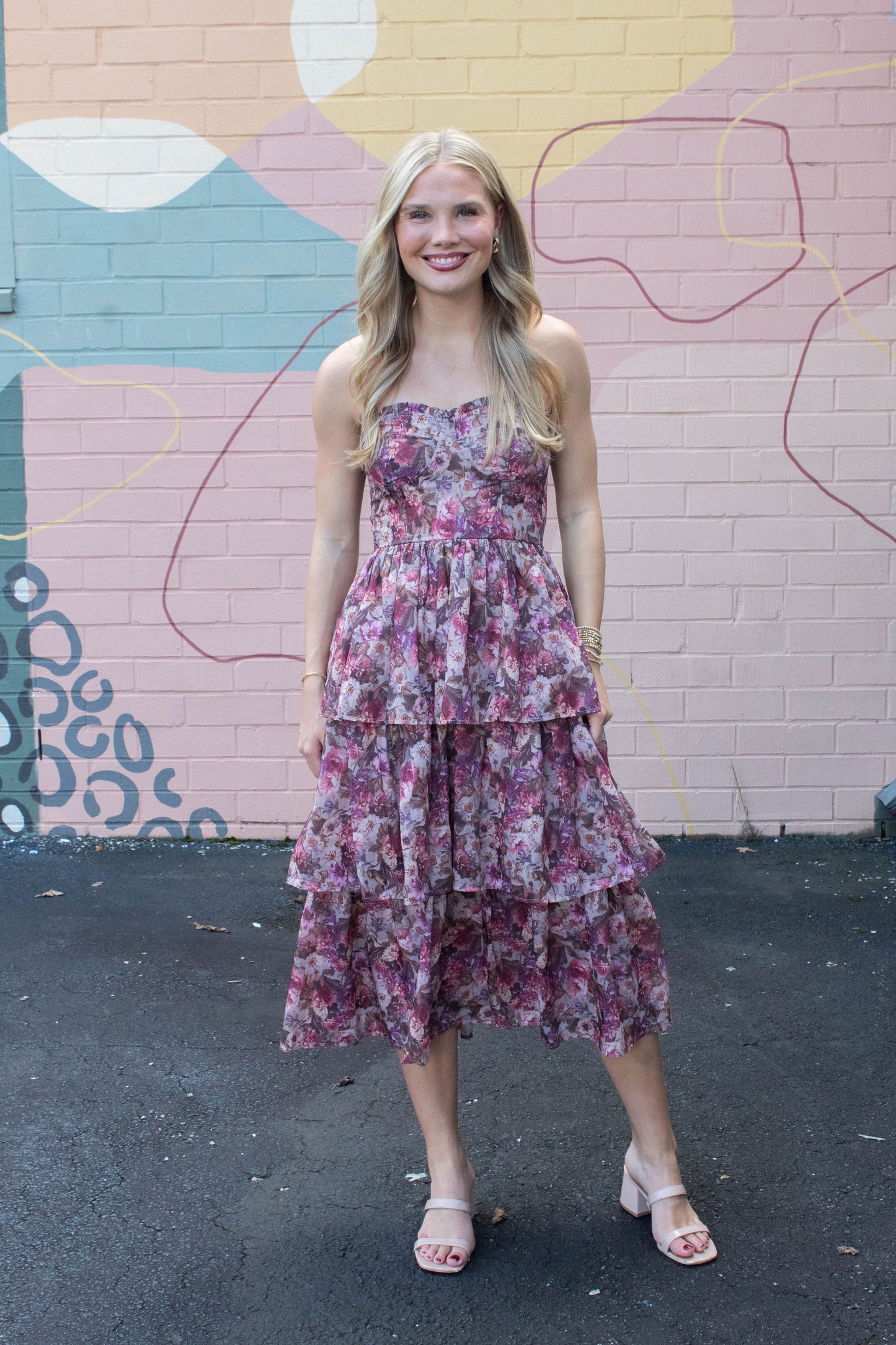  Scottie Tiered Ruffle Dress, Beige/Pink Floral