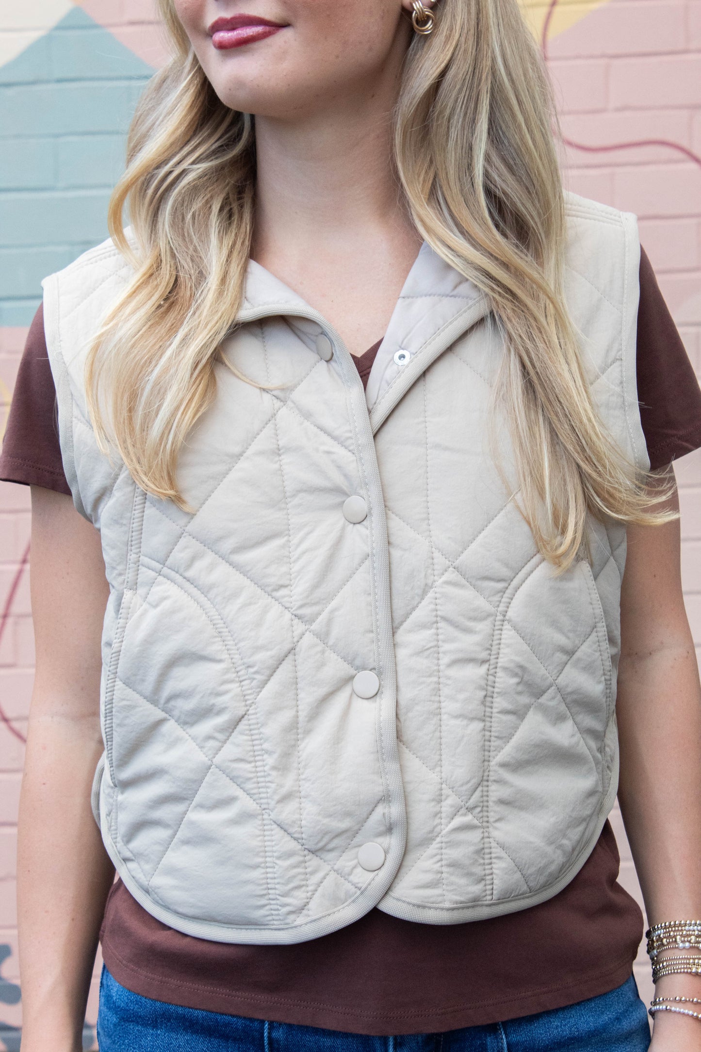  Sara Snap Button Quilted Vest, Khaki